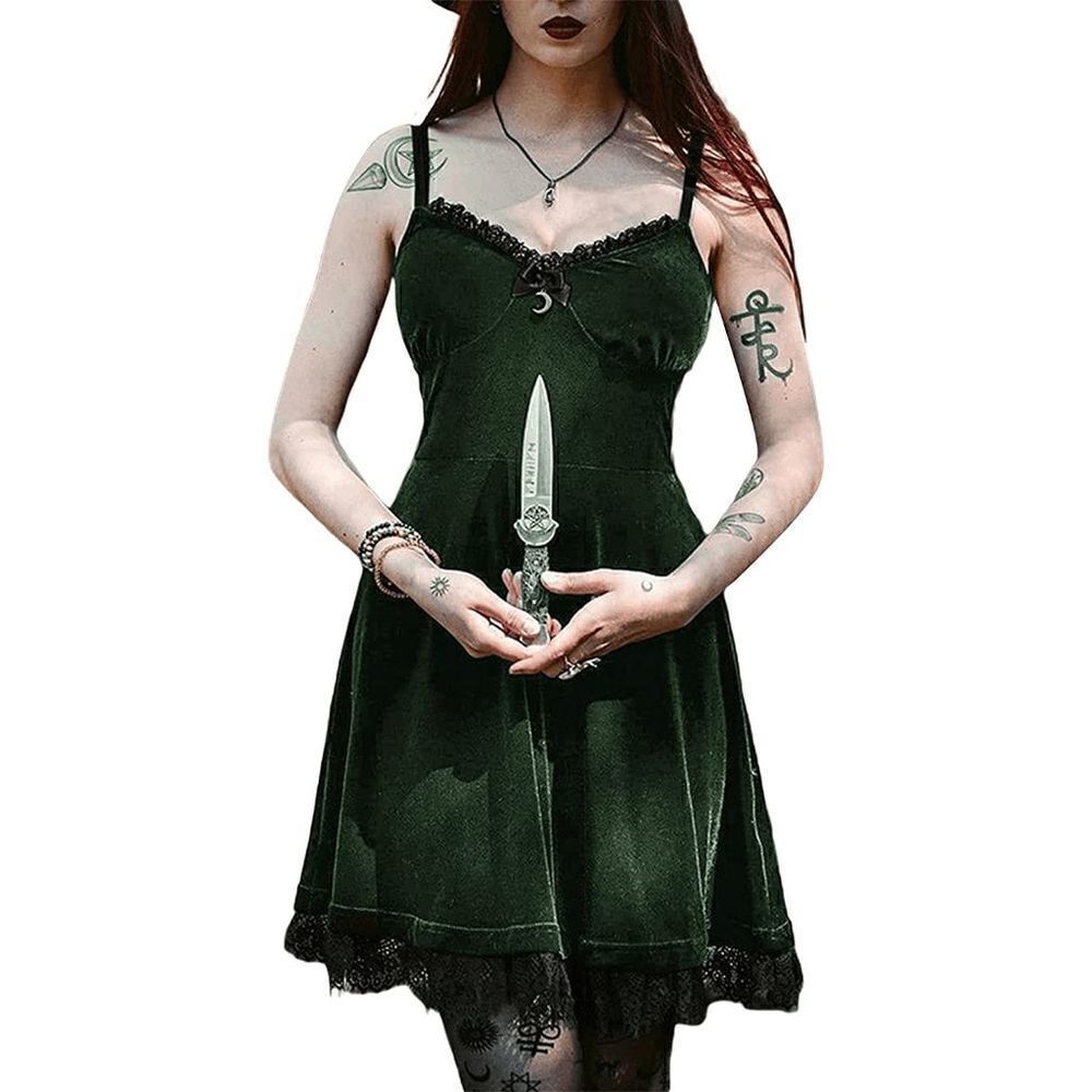 Gothic Lolita Vintage Retro Lace Trim Green Velvet Party Slip Dress SIZE L NEW